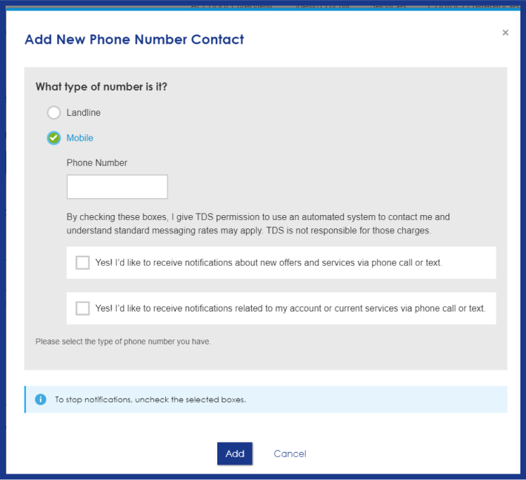 Add new phone number contact form