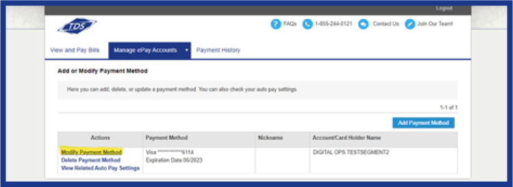 Tds modify payment method screen