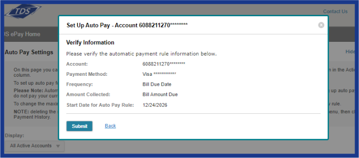 tds verify autopay information modal