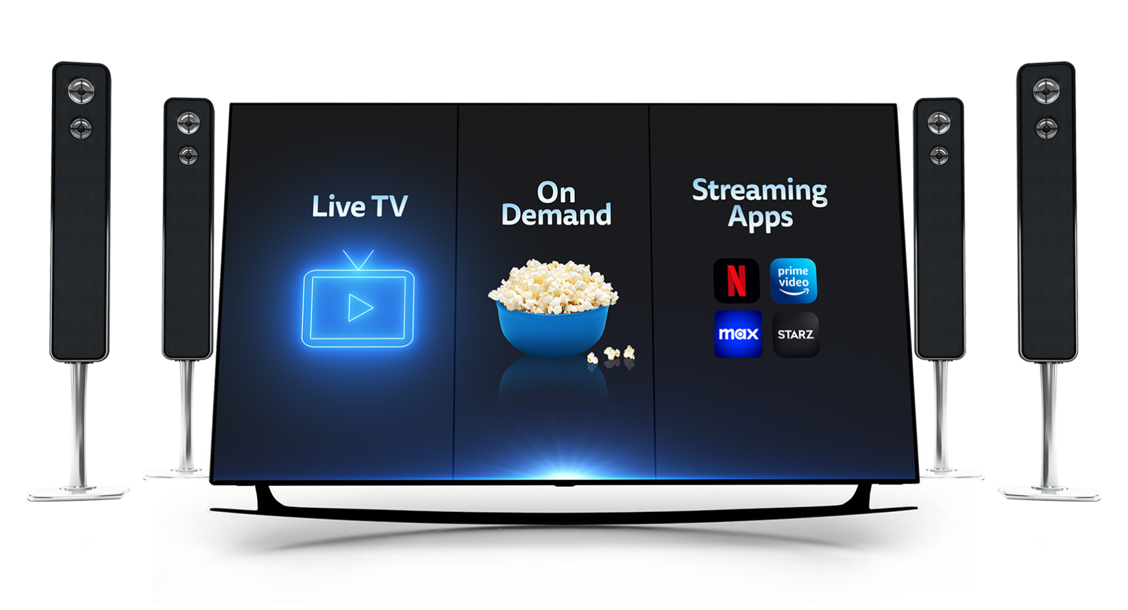 Flatscreen Tv with two speakers on each side. Displayed on screen: Live TV, On Demand, Steaming Apps 